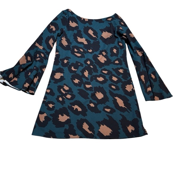 💙 JUDITH MARCH 🐆 Animal Print Flared Sleeve Dress M ✨ Blue Green Lined Boho Chic - Picture 2 of 3